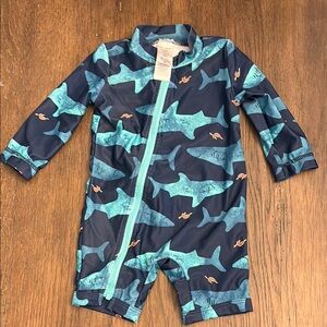 Carter’s 6M Shark Print Baby Swimsuit Zip up with long sleeves.
